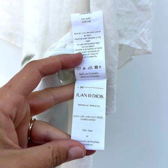 Juan de Dios Lisa Linen Midi Dress Embroidered Palm White Medium Caftan Cover-Up - Picture 13 of 13